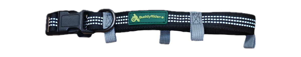 A black pet harness with white reflective stripes, gray webbing straps, and a green 'BuddyRider' logo patch on the front.